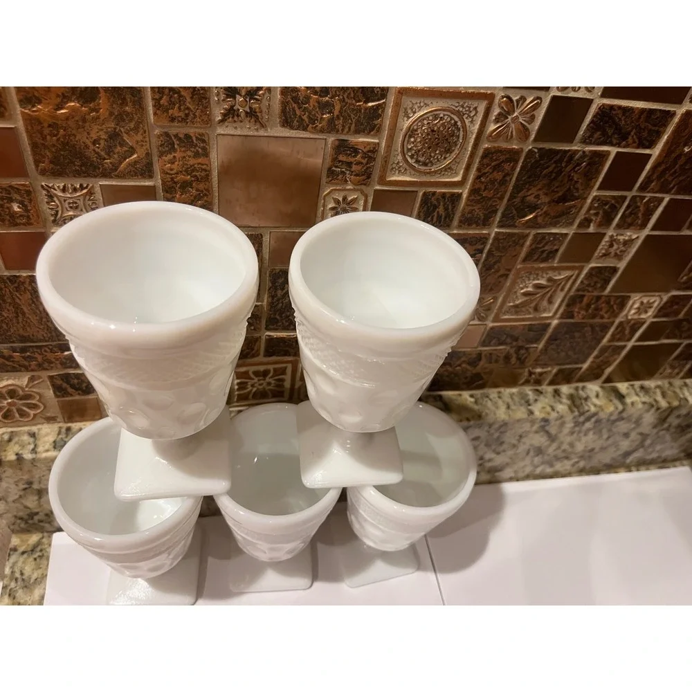 Set of 6 Vintage Milk Glass Goblets Textured Trumpet Base Footed‎ Dessert Wine